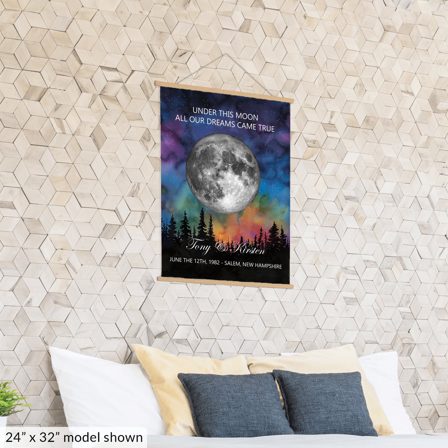 Personalized Moon Phase Wall Hanging – Custom Anniversary Canvas with Aurora Borealis – Wedding Gift