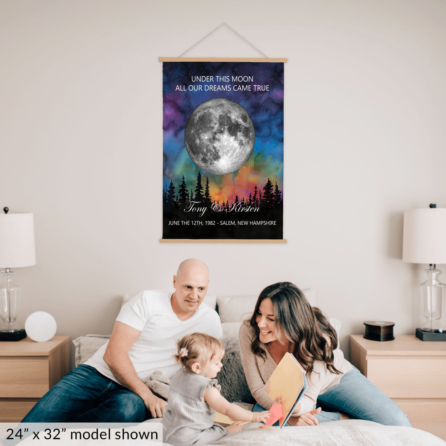 Personalized Moon Phase Wall Hanging – Custom Anniversary Canvas with Aurora Borealis – Wedding Gift