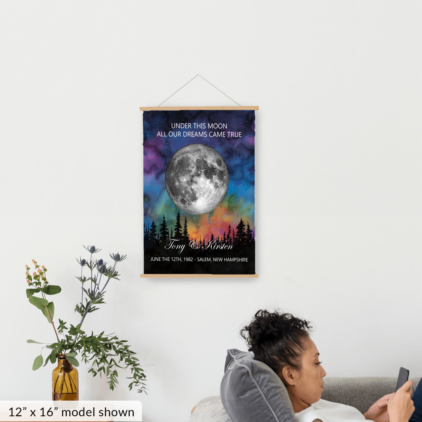 Personalized Moon Phase Wall Hanging – Custom Anniversary Canvas with Aurora Borealis – Wedding Gift