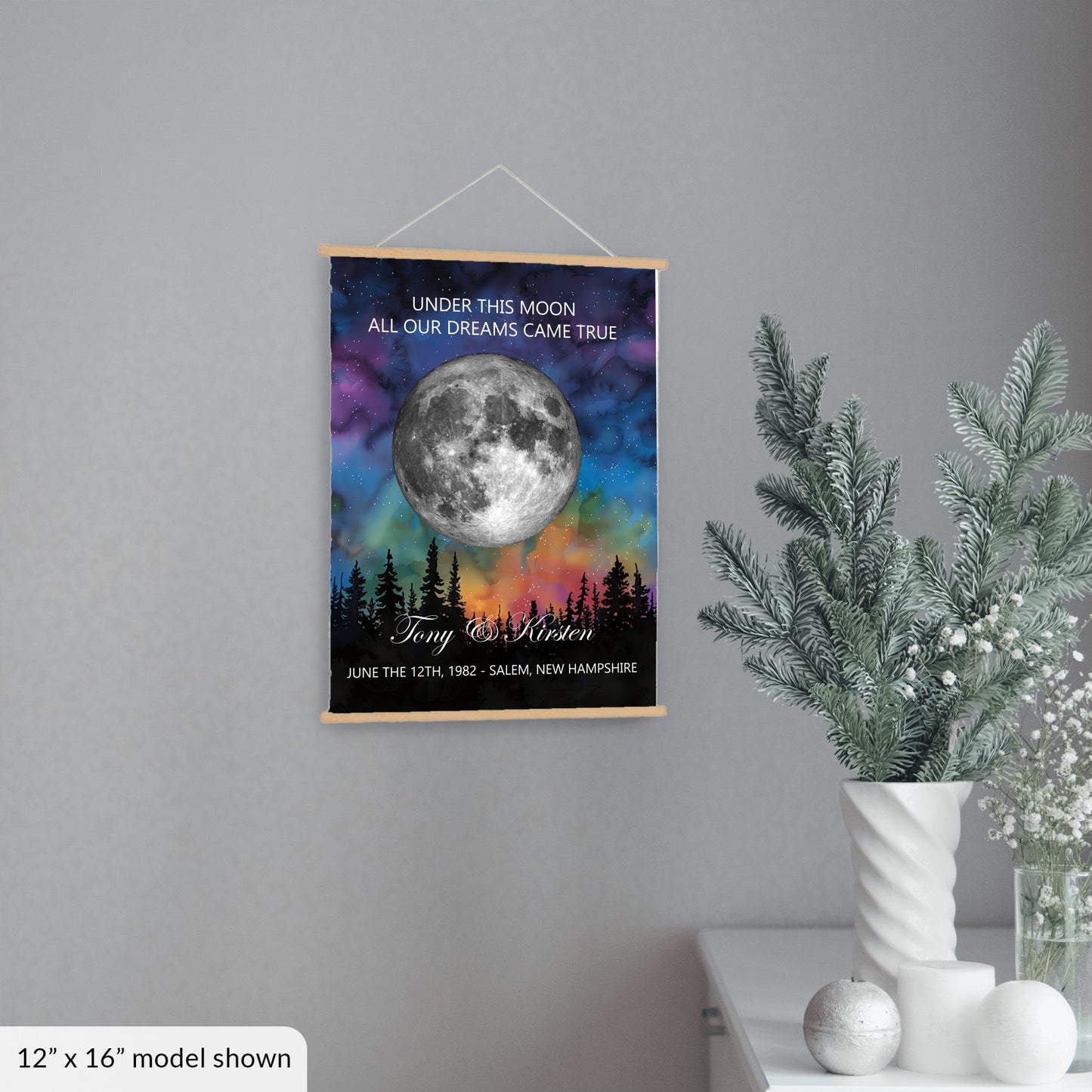 Personalized Moon Phase Wall Hanging – Custom Anniversary Canvas with Aurora Borealis – Wedding Gift