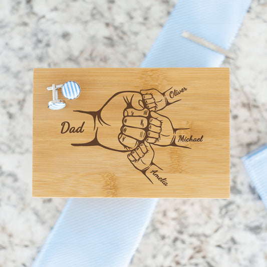 Dad Fist Bump Kids Names Bamboo Tie Box, Father's Day Gift for Daddy, Tie Box Laser Engraved, Tie, Handkerchief, Cufflinks, Tie Clip