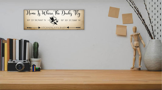 Personalized Duck Hunter Sign with Name & GPS Coordinates - Rustic Wall Decor Gift- Flying Ducks Compass with Your Town Name - Rustic Sign