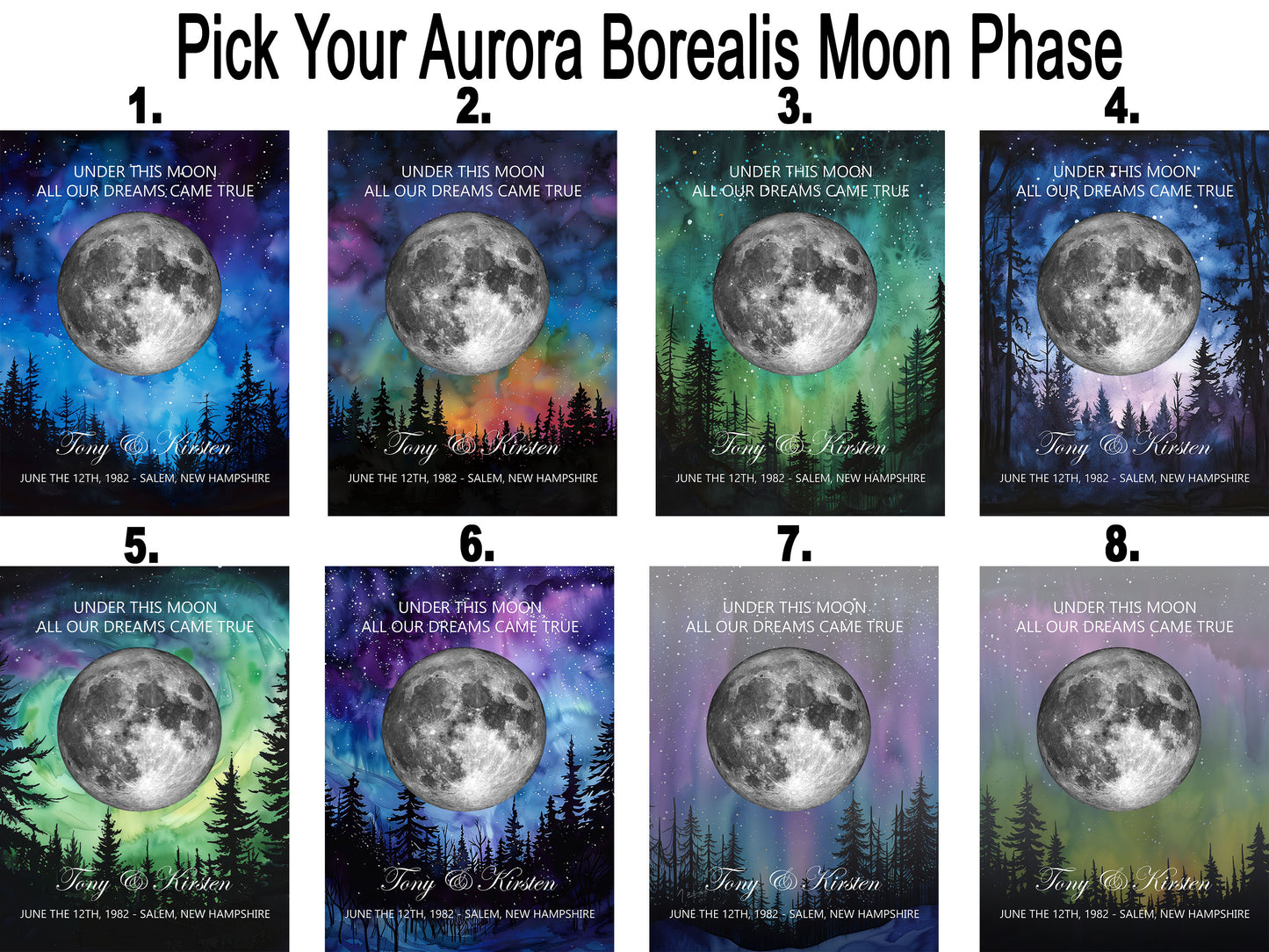 Personalized Moon Phase Wall Hanging – Custom Anniversary Canvas with Aurora Borealis – Wedding Gift