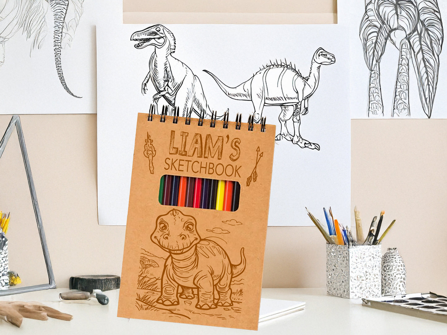 Personalized Dinosaur Sketchpad for Kids – Custom Name Art Book with Pencils – Gift for Young Artists