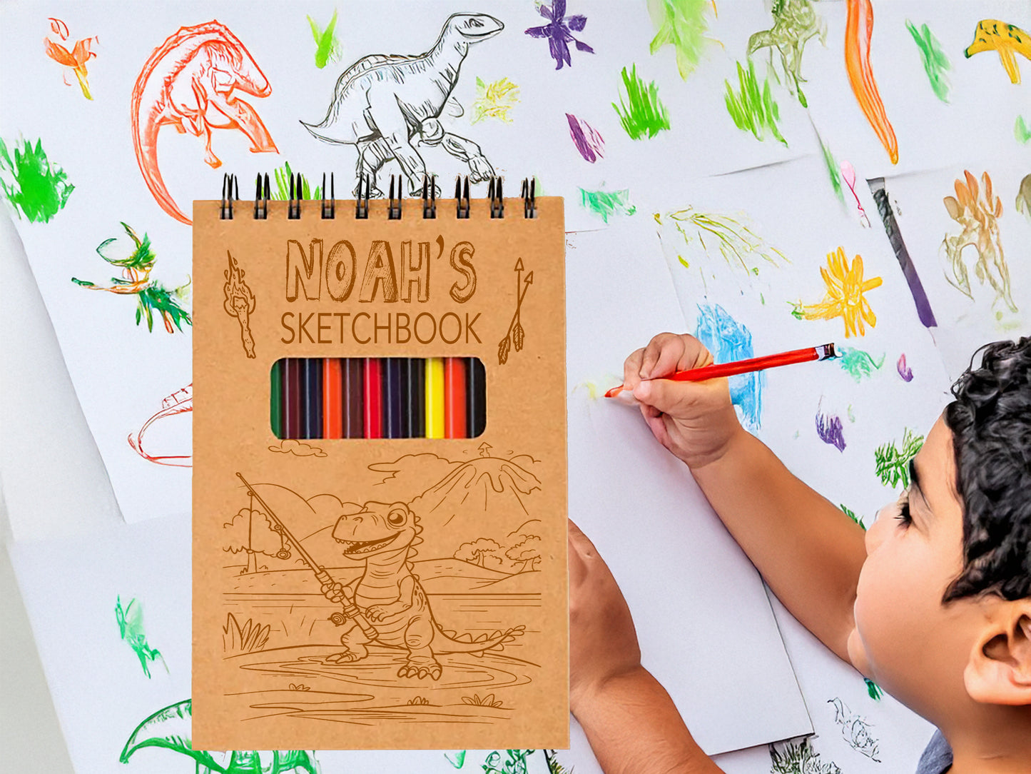 Personalized Dinosaur Sketchpad for Kids – Custom Name Art Book with Pencils – Gift for Young Artists