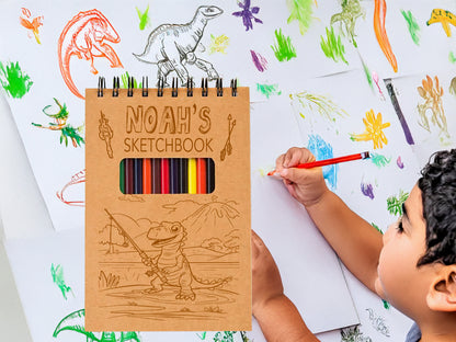 Personalized Dinosaur Sketchpad for Kids – Custom Name Art Book with Pencils – Gift for Young Artists