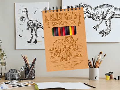 Personalized Dinosaur Sketchpad for Kids – Custom Name Art Book with Pencils – Gift for Young Artists