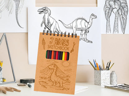 Personalized Dinosaur Sketchpad for Kids – Custom Name Art Book with Pencils – Gift for Young Artists