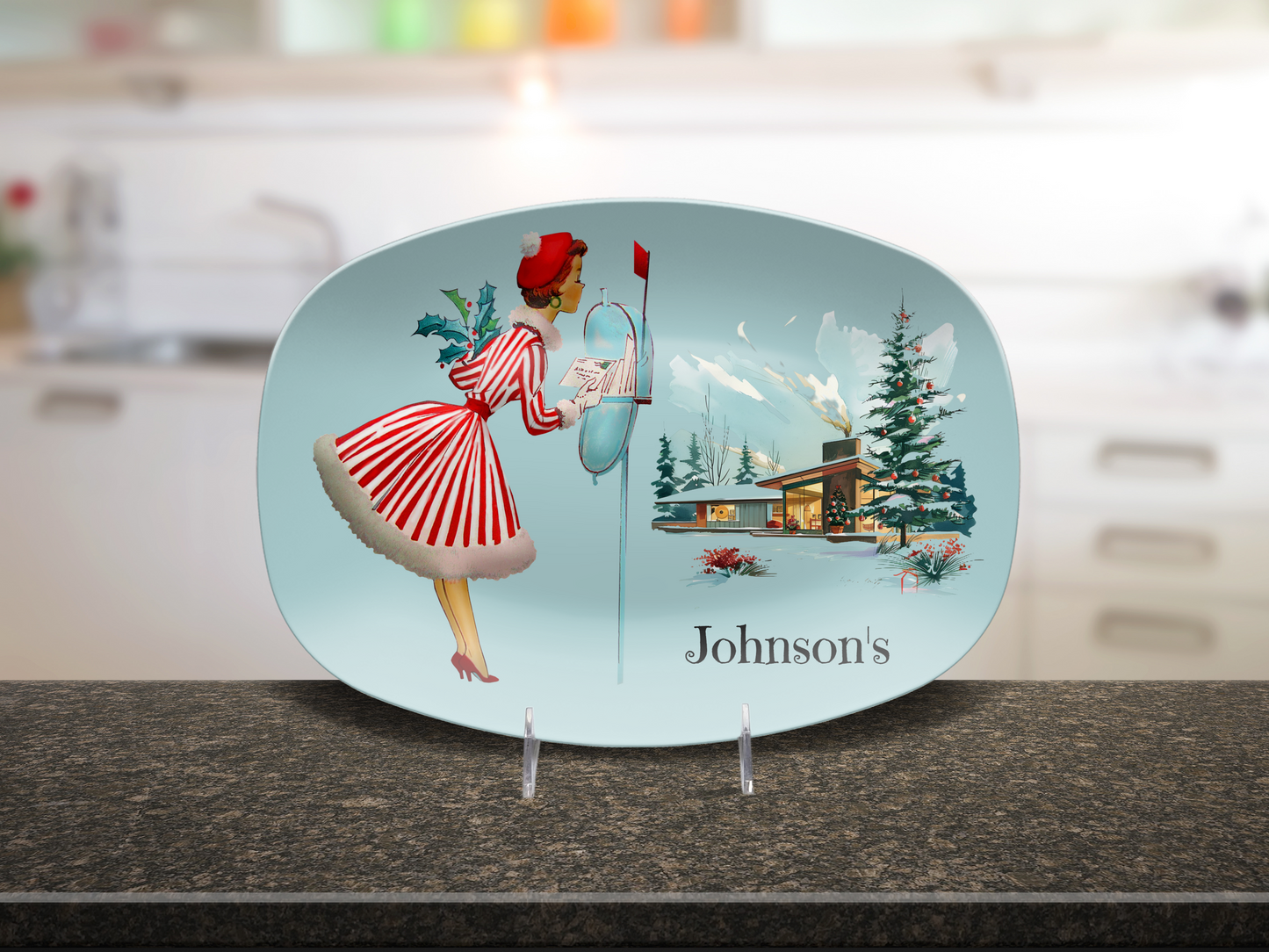 Light Blue Vintage Christmas Holiday Serving Platter