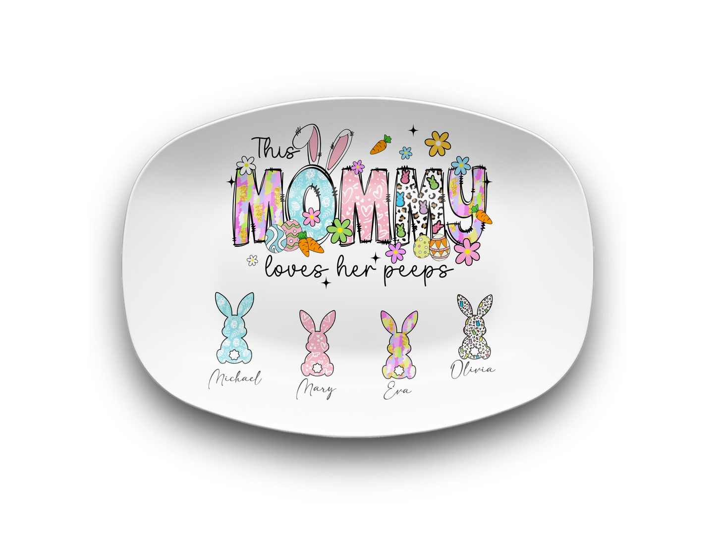 Personalized Easter Platter, Gift For Grandma, Mom, Mimi, Nana, Nanny, Gigi, Mama, Mother's Day, Pick Custom Bunny Peeps With Names On Plate