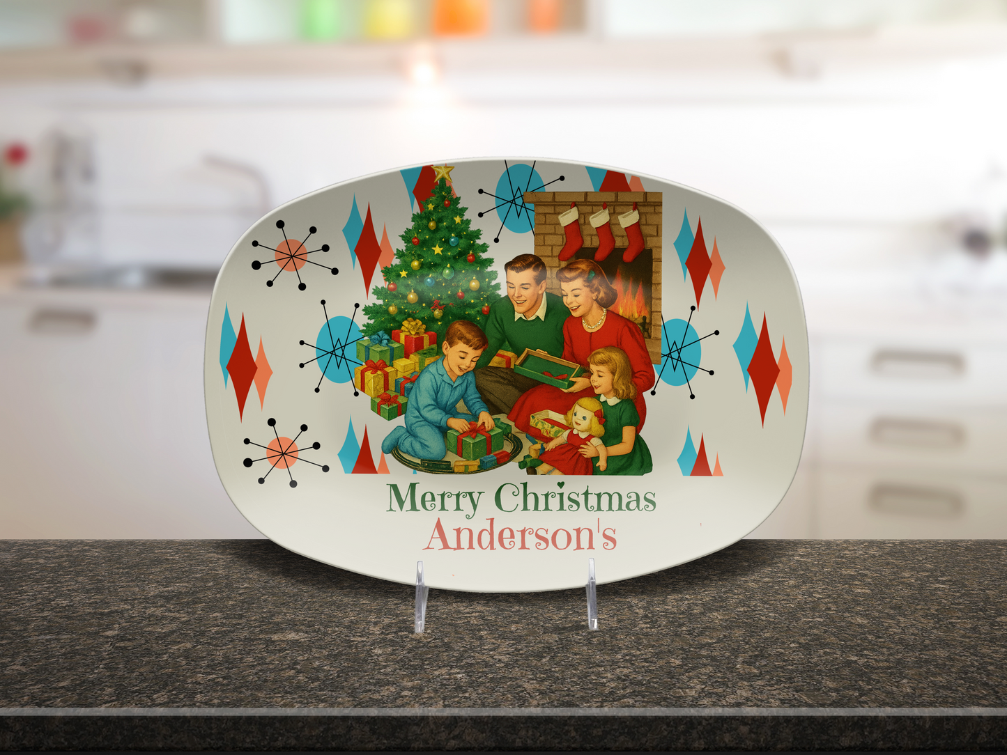 Personalized Retro Christmas Family Serving Platter