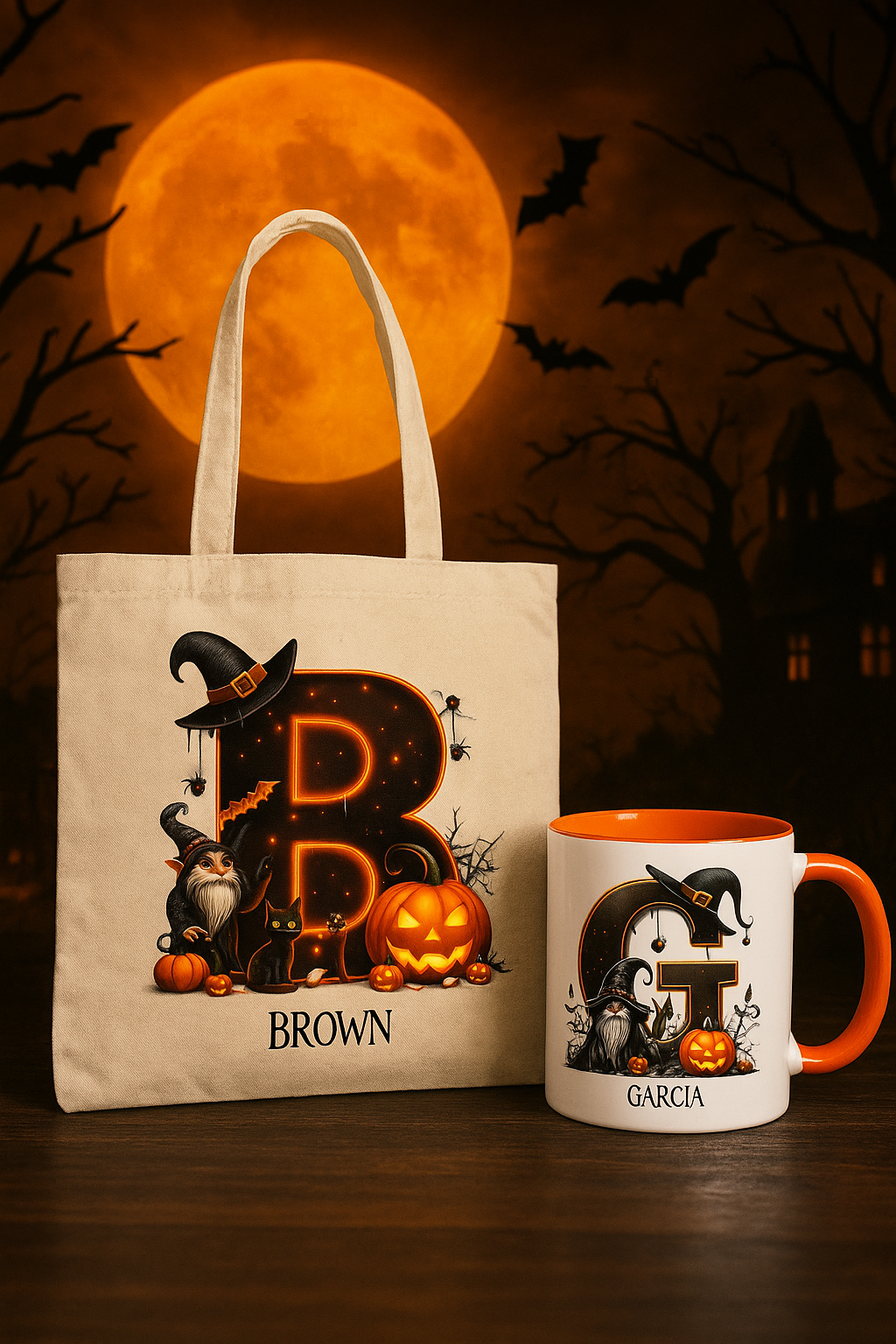 Personalized Gnome Halloween Monogram Coffee Mugs And Tote
