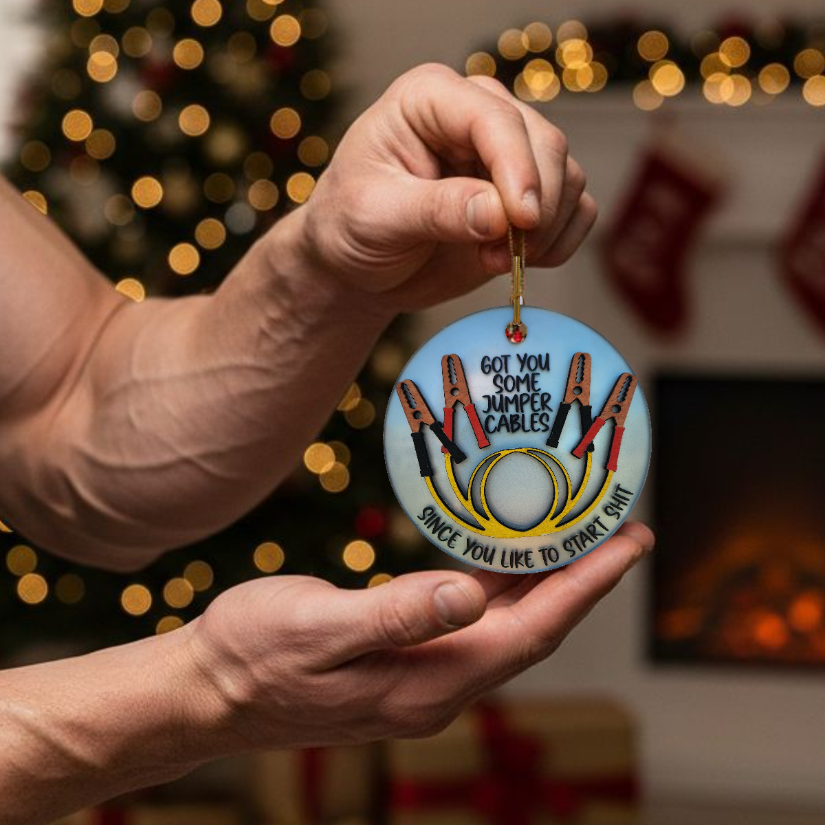 Jumper Cables Ornament | Handmade Christmas Ceramic and Wood Ornament