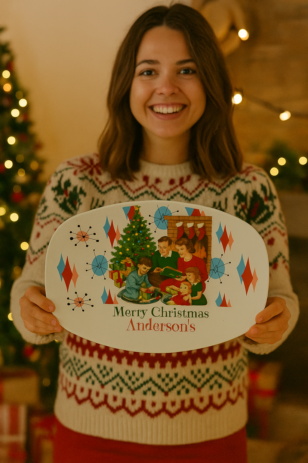 Personalized Retro Christmas Family Serving Platter
