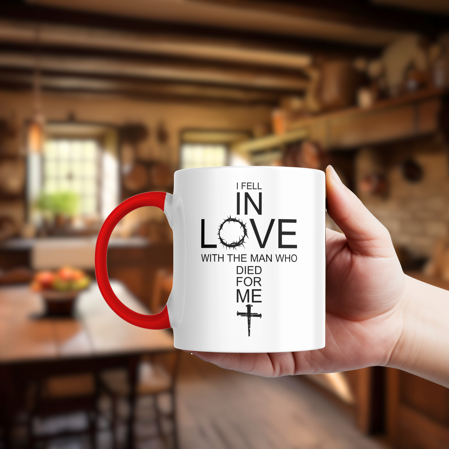 I Fell In Love With The Man Who Died For Me/ 11 and 15oz Color Handle Coffee Mug/ Christian Cross With The Crown Of Thorns/ Christian Gift