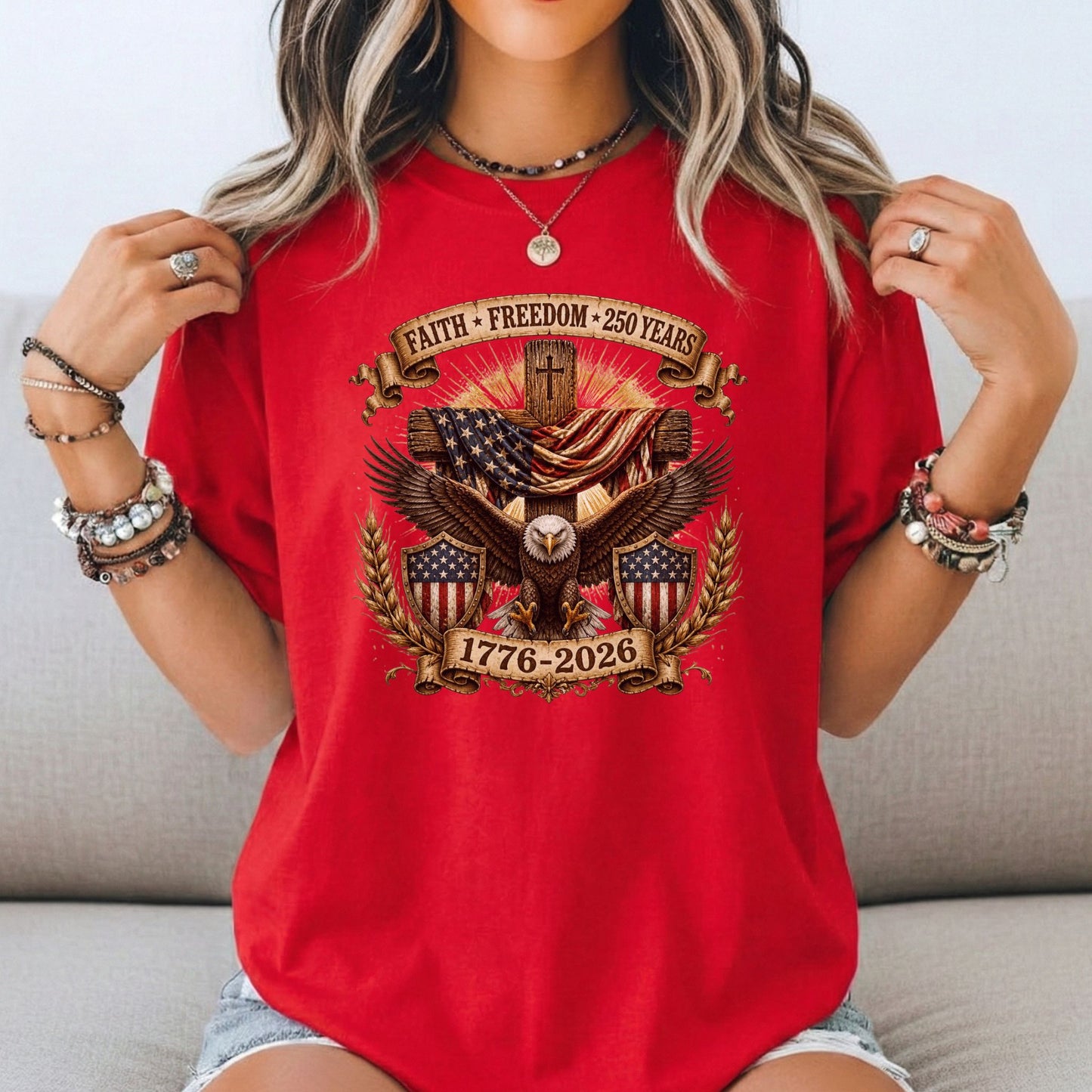 Faith Freedom Eagle Cross Shirt, Patriotic USA 250 Years Tee (1776-2026)