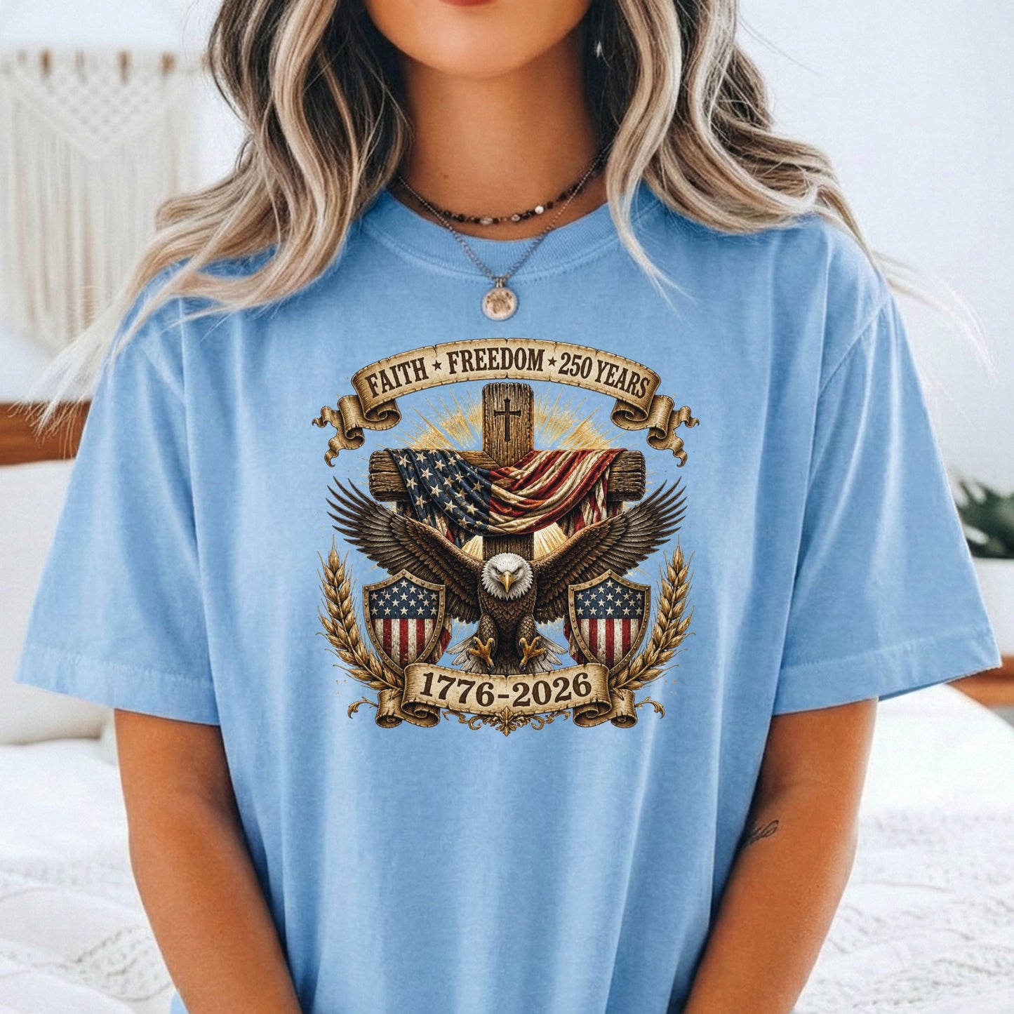 Faith Freedom Eagle Cross Shirt, Patriotic USA 250 Years Tee (1776-2026)