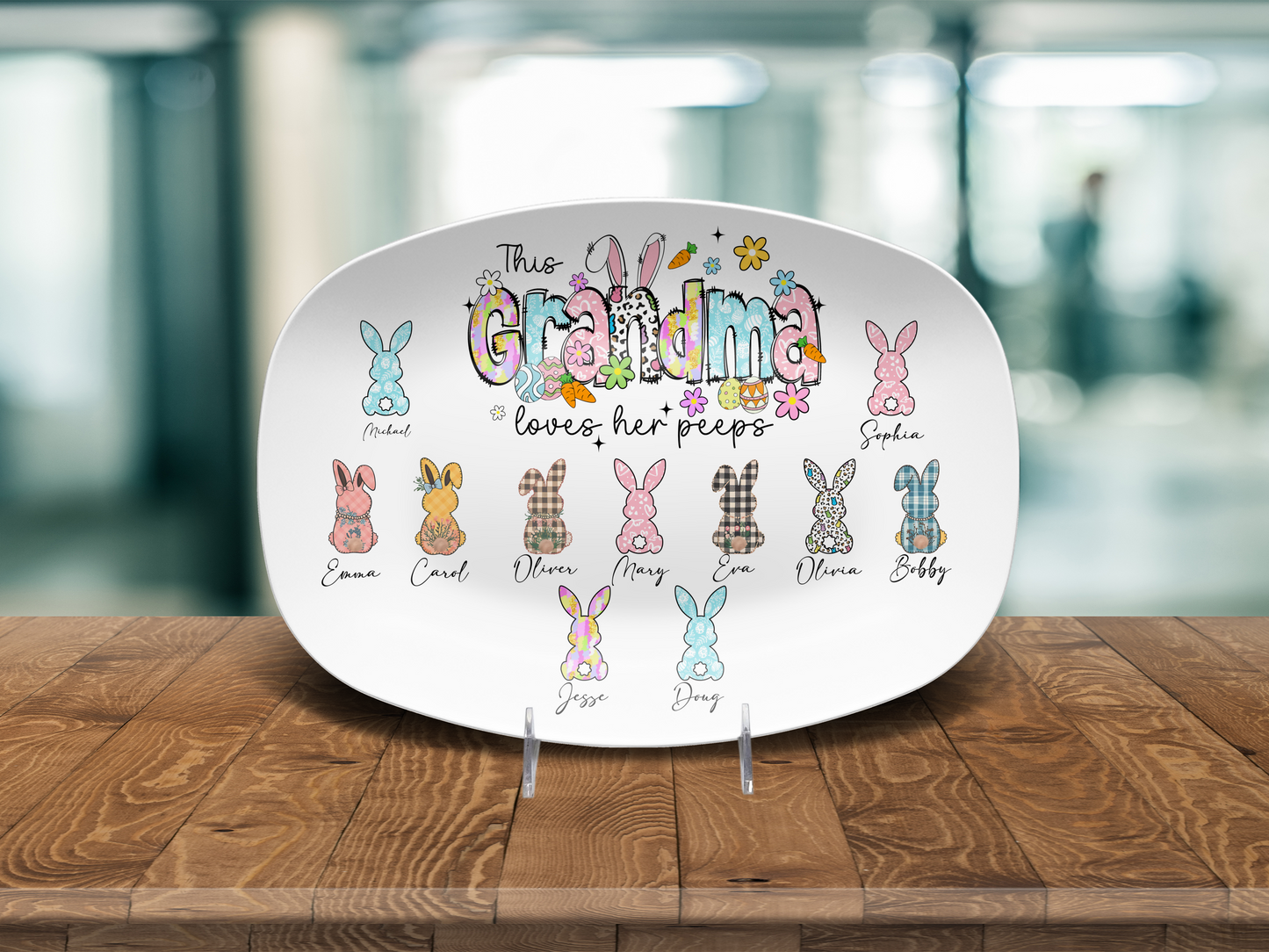 Personalized Easter Platter, Gift For Grandma, Mom, Mimi, Nana, Nanny, Gigi, Mama, Mother's Day, Pick Custom Bunny Peeps With Names On Plate