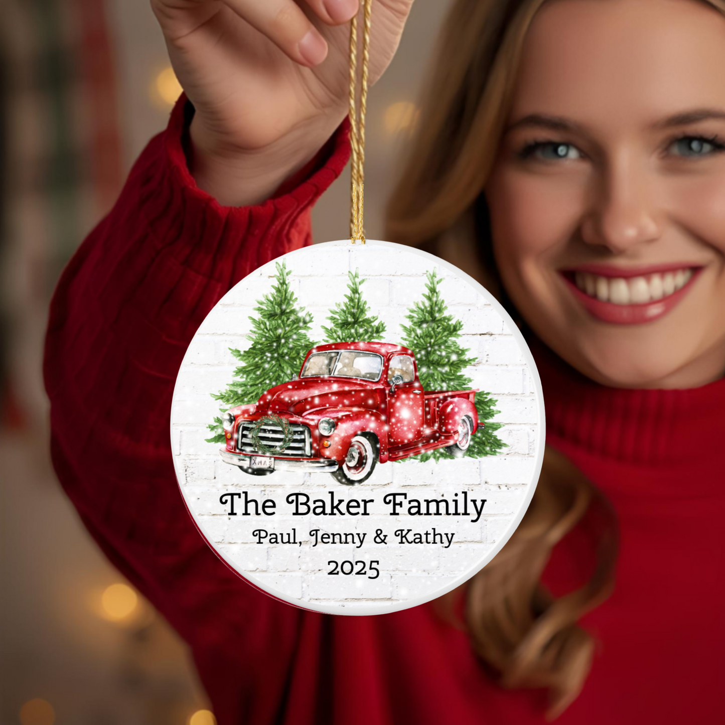 Personalized Ceramic Christmas Ornament with Vintage Red Truck
