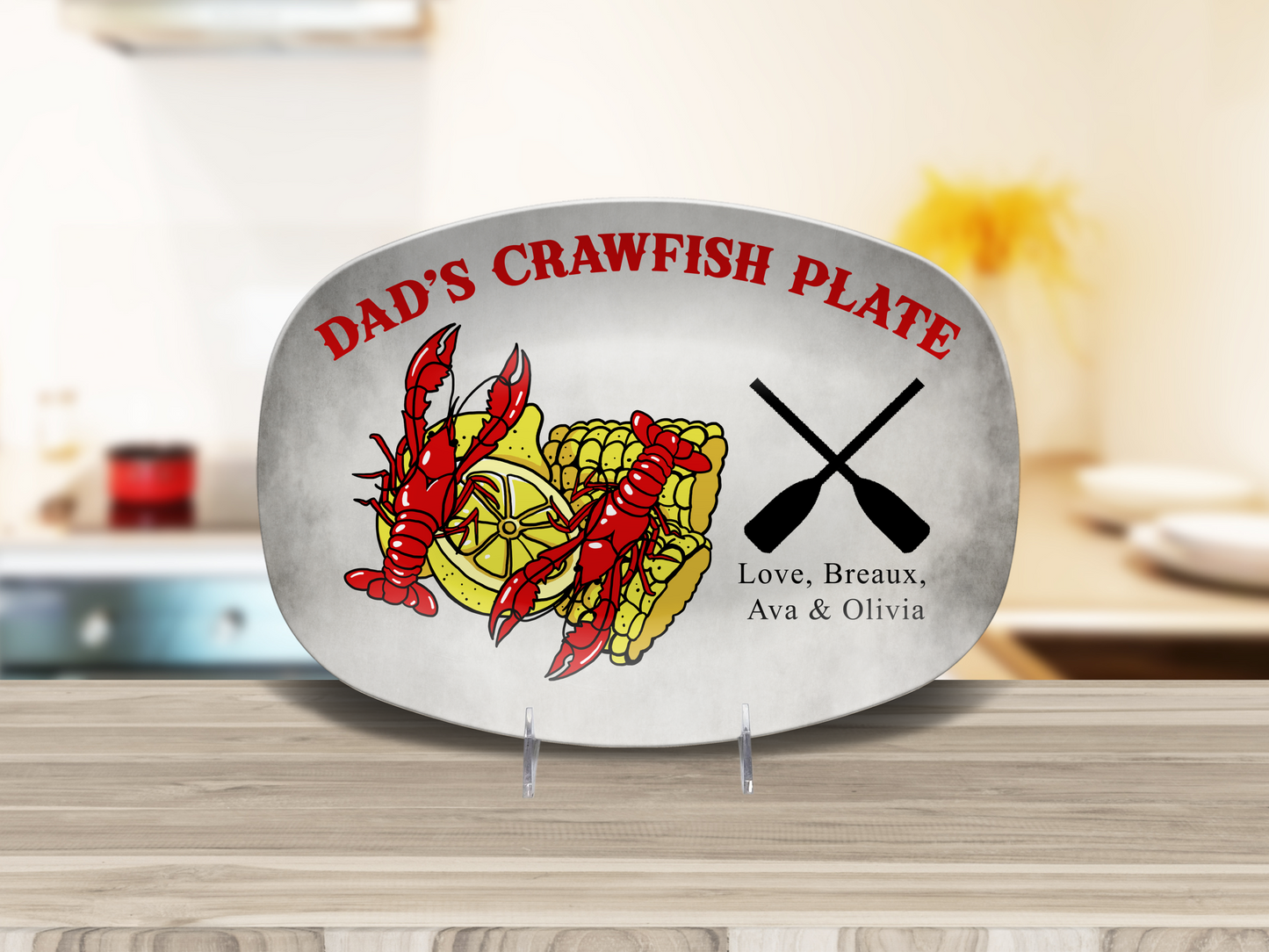 Personalized Dad's Crawfish Plate, Crawfish Design With Corn On The Cob And Lemons, Paddles With Custom Kids Names