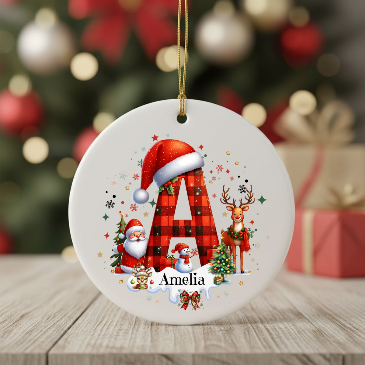 Personalized Ceramic Christmas Ornament with Santa and Reindeer
