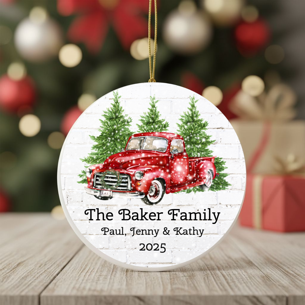 Personalized Ceramic Christmas Ornament with Vintage Red Truck