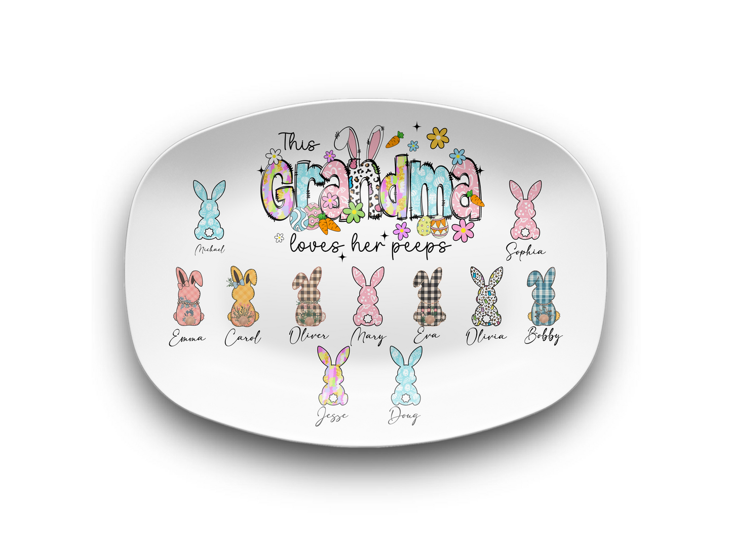 Personalized Easter Platter, Gift For Grandma, Mom, Mimi, Nana, Nanny, Gigi, Mama, Mother's Day, Pick Custom Bunny Peeps With Names On Plate