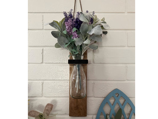 Farmhouse Wall Hanging Vase Holder with Vintage Glass Milk Bottle – Rustic Handmade Wood Wall Decor
