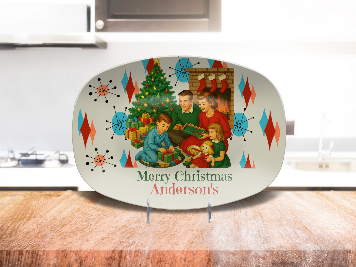Personalized Retro Christmas Family Serving Platter