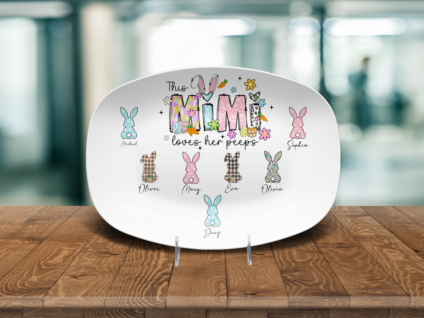 Personalized Easter Platter, Gift For Grandma, Mom, Mimi, Nana, Nanny, Gigi, Mama, Mother's Day, Pick Custom Bunny Peeps With Names On Plate