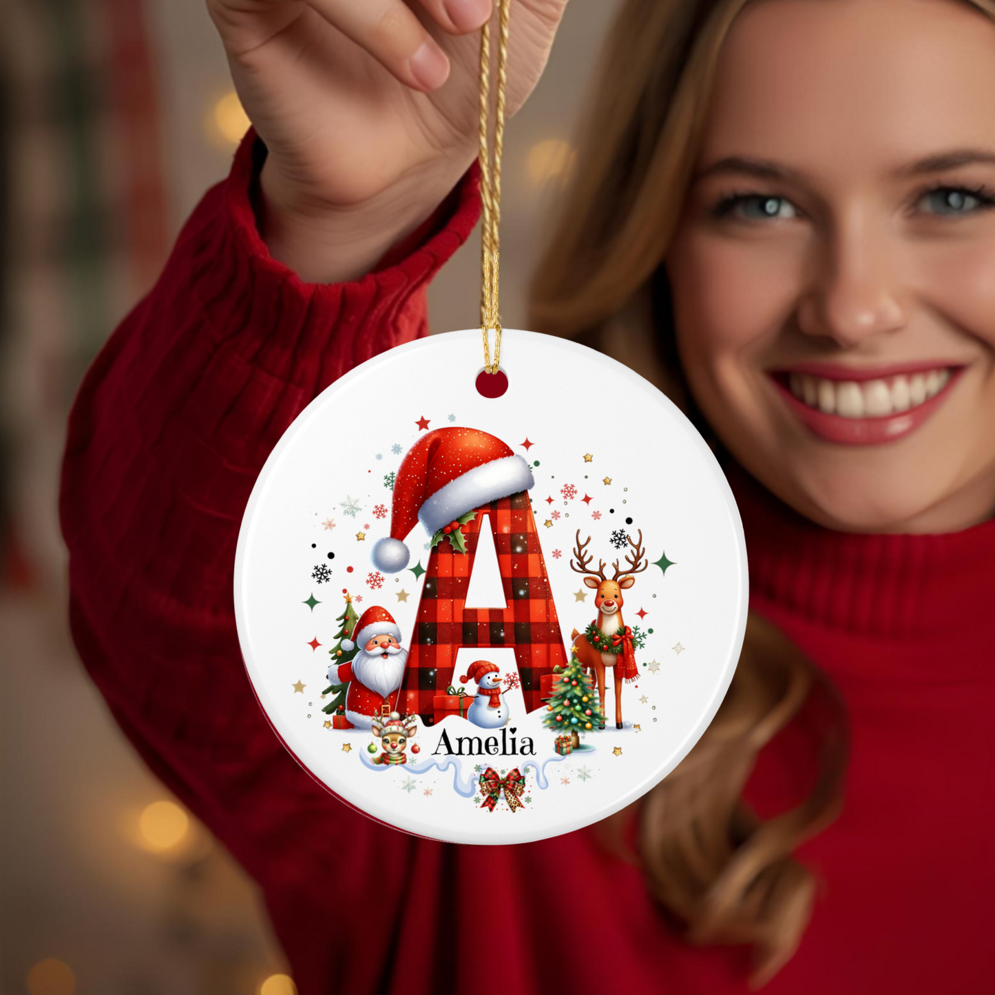 Personalized Ceramic Christmas Ornament with Santa and Reindeer