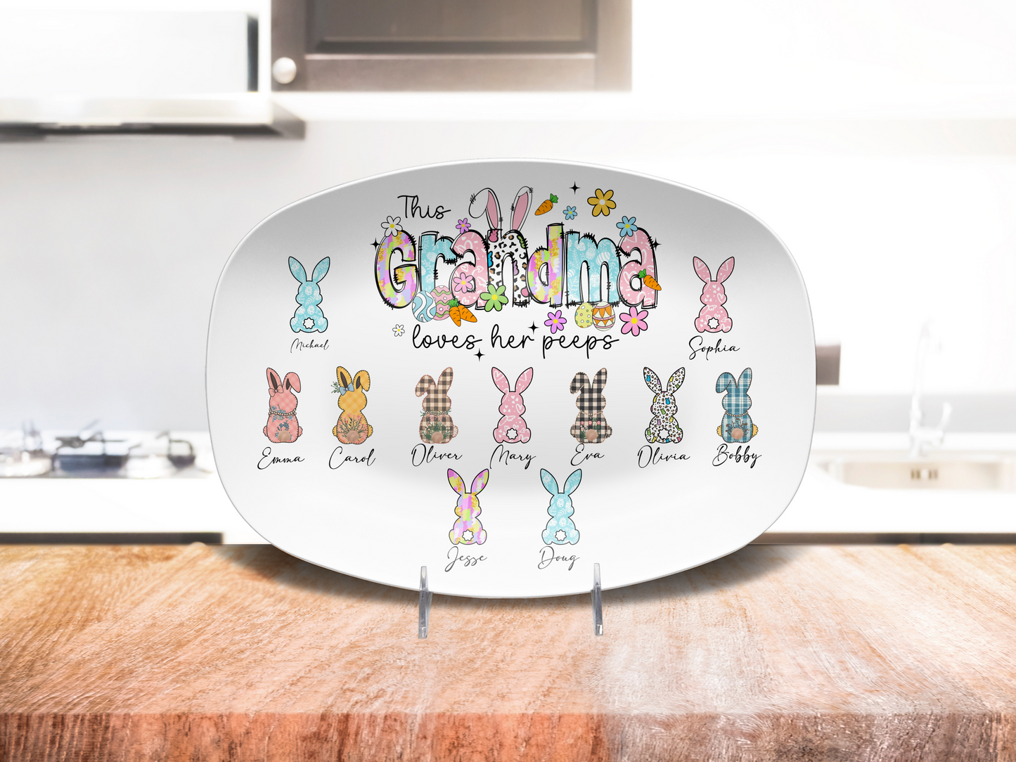 Personalized Easter Platter, Gift For Grandma, Mom, Mimi, Nana, Nanny, Gigi, Mama, Mother's Day, Pick Custom Bunny Peeps With Names On Plate
