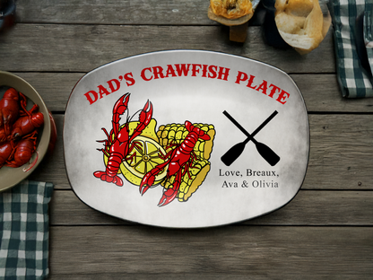Personalized Dad's Crawfish Plate, Crawfish Design With Corn On The Cob And Lemons, Paddles With Custom Kids Names