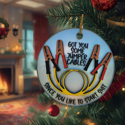 Jumper Cables Ornament | Handmade Christmas Ceramic and Wood Ornament