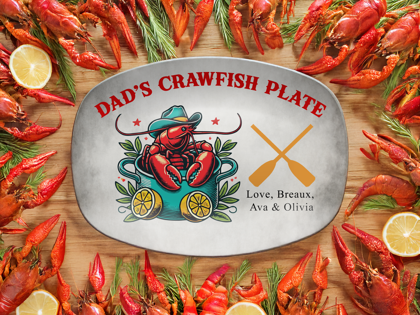 Personalized Dad's Crawfish Plate, Boiling Pot With A Crawfish Inside Wearing A Cowboy Hat