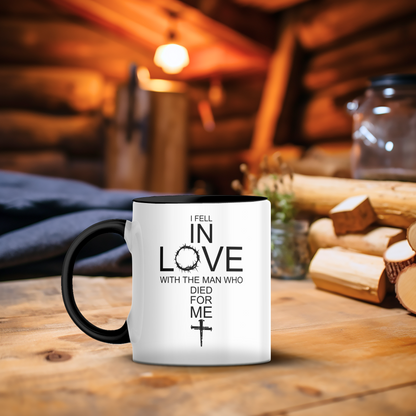 I Fell In Love With The Man Who Died For Me/ 11 and 15oz Color Handle Coffee Mug/ Christian Cross With The Crown Of Thorns/ Christian Gift