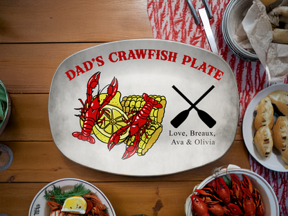 Personalized Dad's Crawfish Plate, Crawfish Design With Corn On The Cob And Lemons, Paddles With Custom Kids Names
