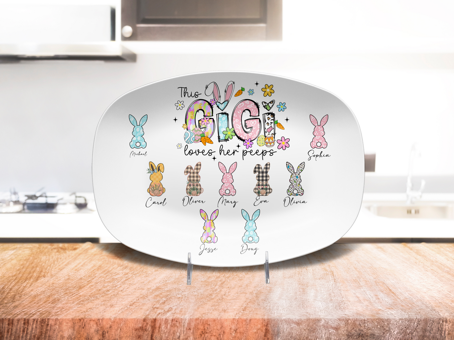 Personalized Easter Platter, Gift For Grandma, Mom, Mimi, Nana, Nanny, Gigi, Mama, Mother's Day, Pick Custom Bunny Peeps With Names On Plate