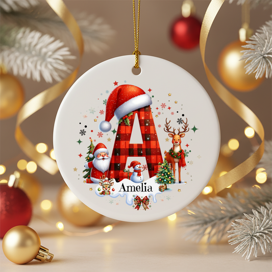Personalized Ceramic Christmas Ornament with Santa and Reindeer
