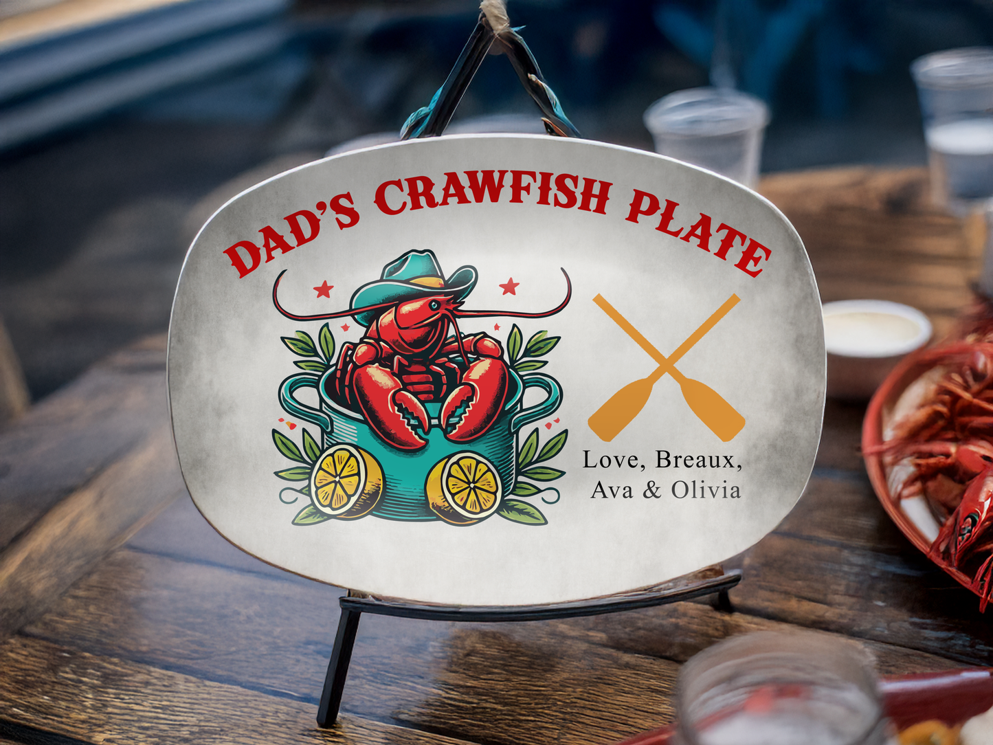 Personalized Dad's Crawfish Plate, Boiling Pot With A Crawfish Inside Wearing A Cowboy Hat