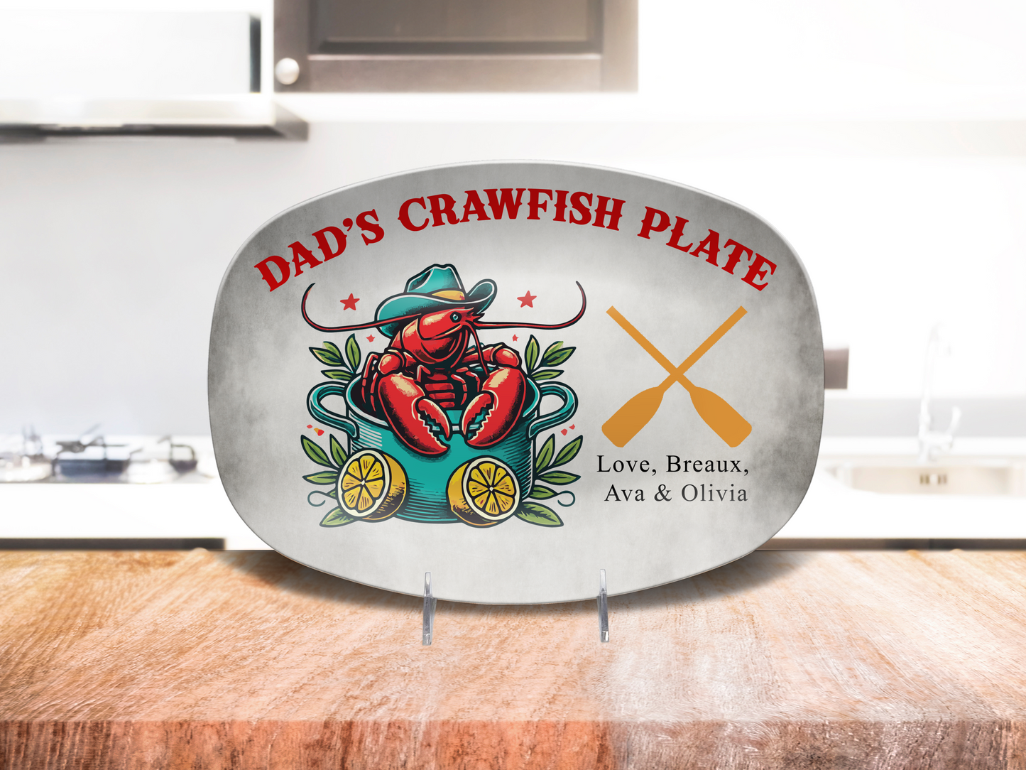 Personalized Dad's Crawfish Plate, Boiling Pot With A Crawfish Inside Wearing A Cowboy Hat