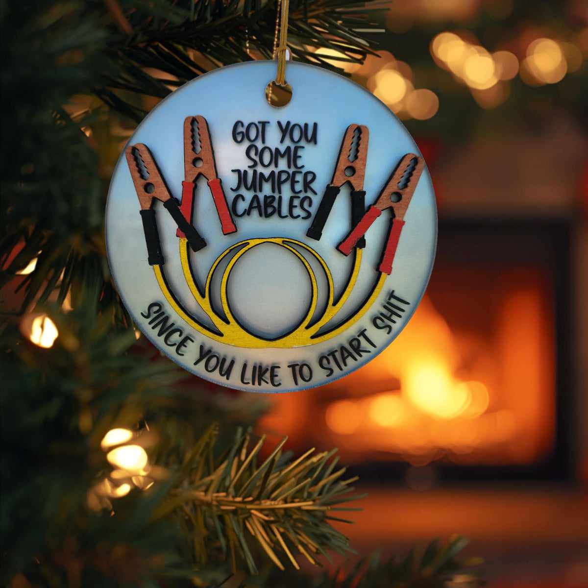 Jumper Cables Ornament | Handmade Christmas Ceramic and Wood Ornament