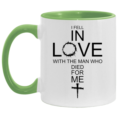 I Fell In Love With The Man Who Died For Me/ 11 and 15oz Color Handle Coffee Mug/ Christian Cross With The Crown Of Thorns/ Christian Gift