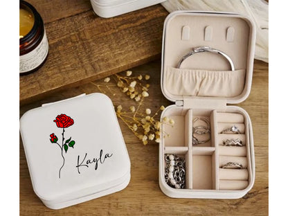 Personalized Travel Jewelry Box – Custom Engraved Name & Color Birth Flower, Gift for Her, Mother's Day, Birthday