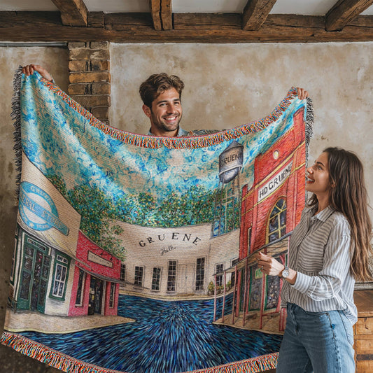 Gruene Hall Texas Artwork On A Heirloom Woven Blanket / New Braunfels Local Artist/ Texas Heirloom Artwork Woven Blanket/ Gruene, Texas