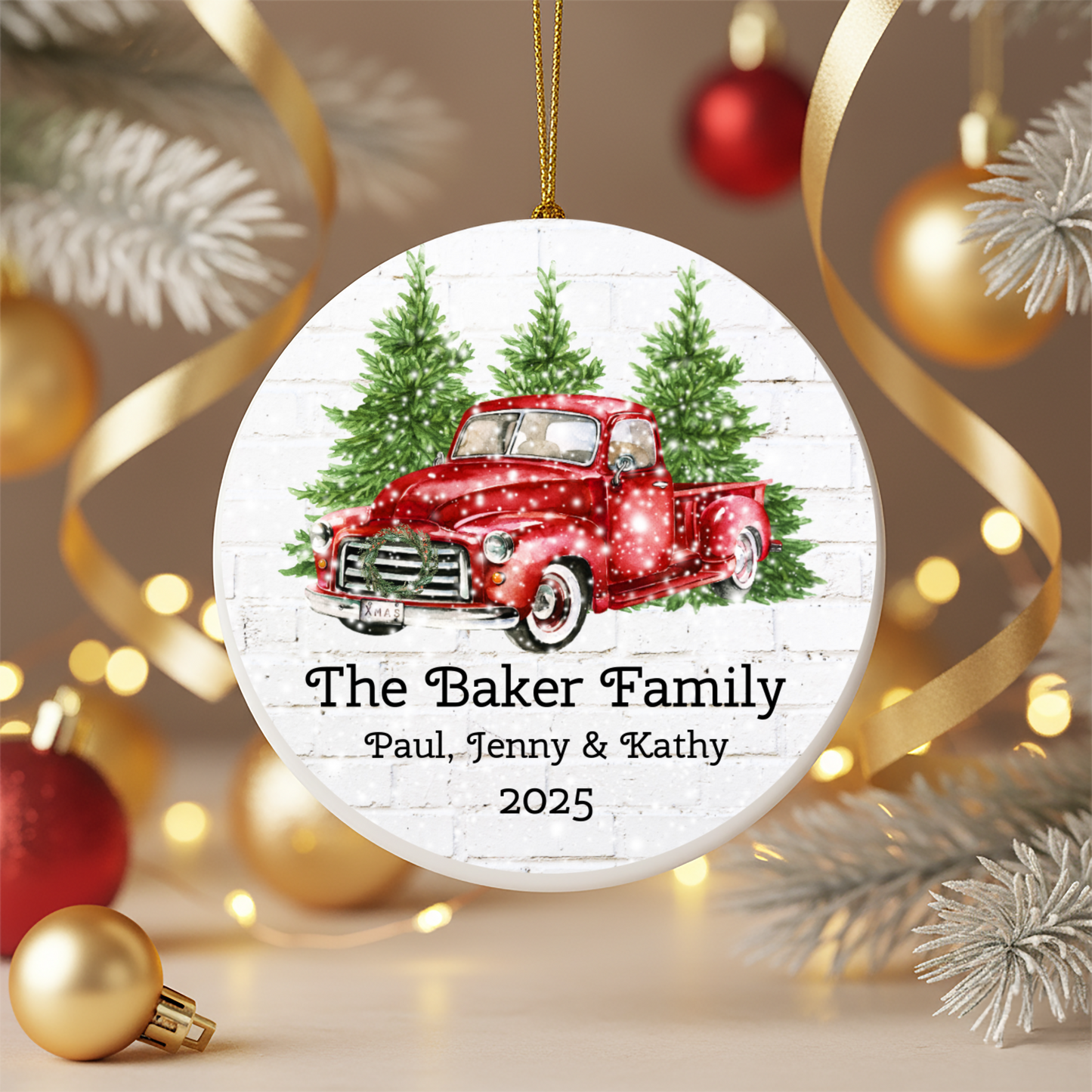 Personalized Ceramic Christmas Ornament with Vintage Red Truck