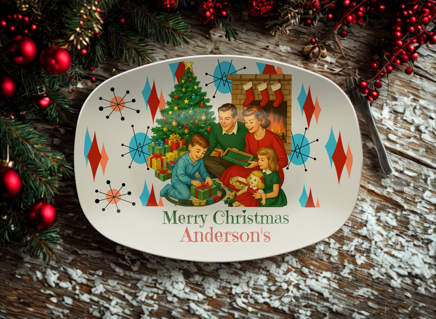 Personalized Retro Christmas Family Serving Platter