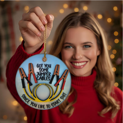 Jumper Cables Ornament | Handmade Christmas Ceramic and Wood Ornament