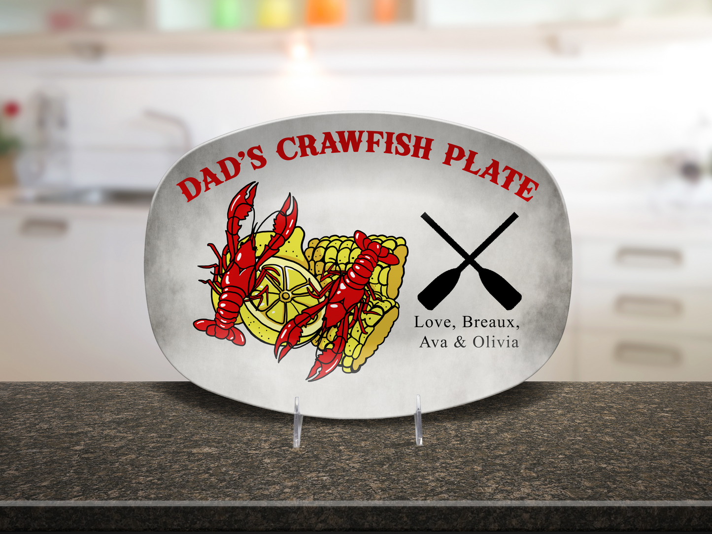 Personalized Dad's Crawfish Plate, Crawfish Design With Corn On The Cob And Lemons, Paddles With Custom Kids Names