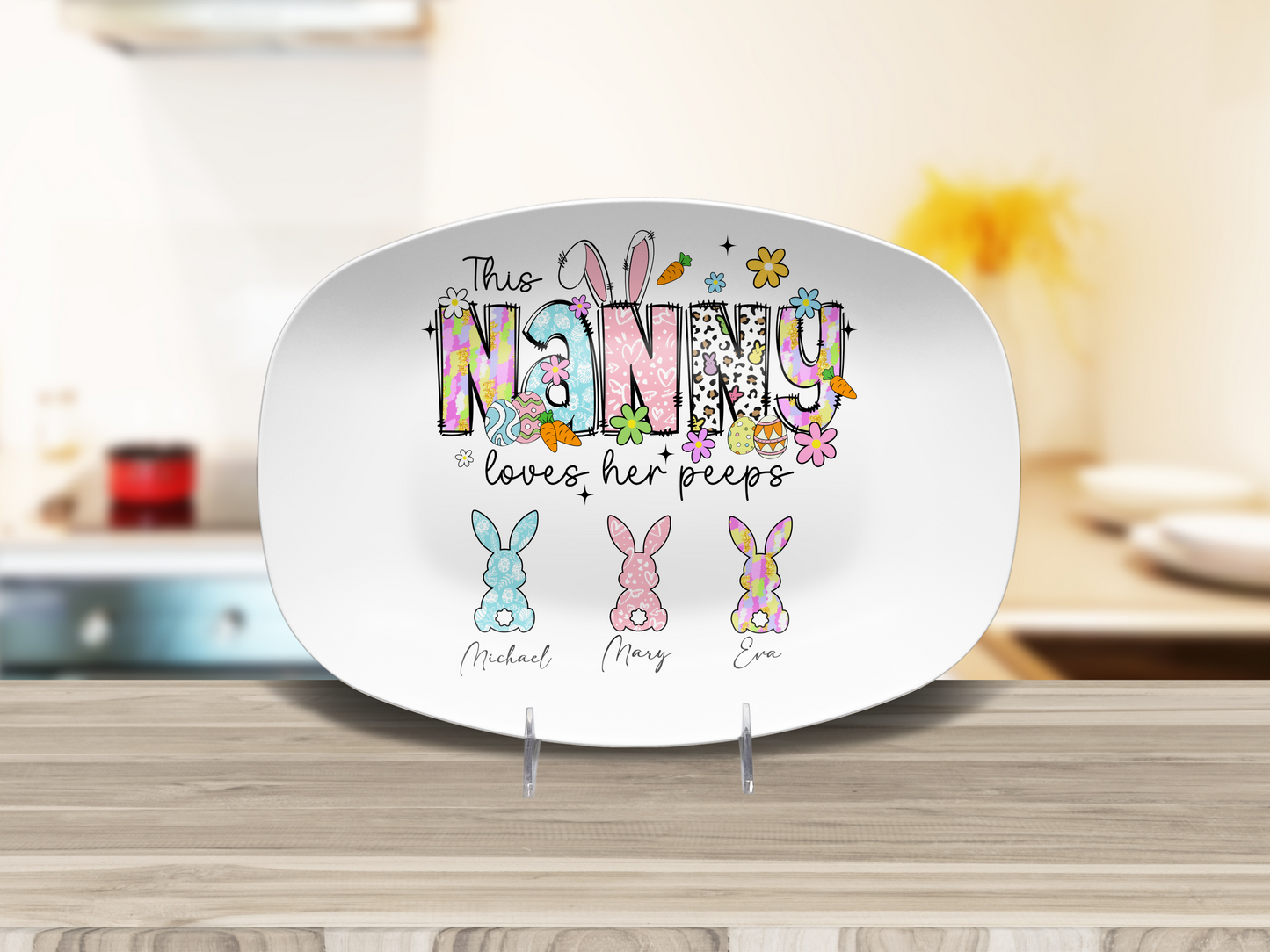 Personalized Easter Platter, Gift For Grandma, Mom, Mimi, Nana, Nanny, Gigi, Mama, Mother's Day, Pick Custom Bunny Peeps With Names On Plate